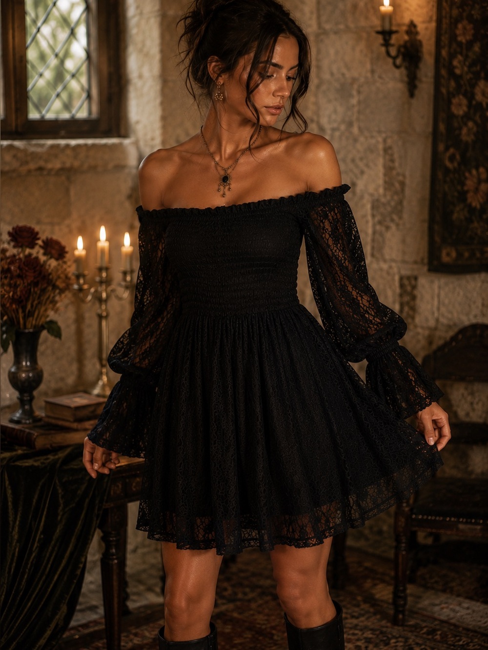Black Lace Smocked Babydoll Mini Dress Off Shoulder Romantic Gothic M